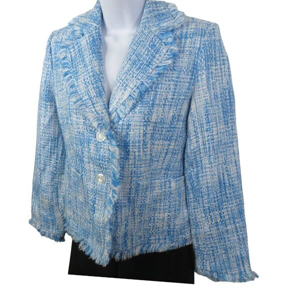 Chadwicks Tweed Blazer 2 Petite Blue and White Fringe Edged 3 Button Jacket - Picture 1 of 12